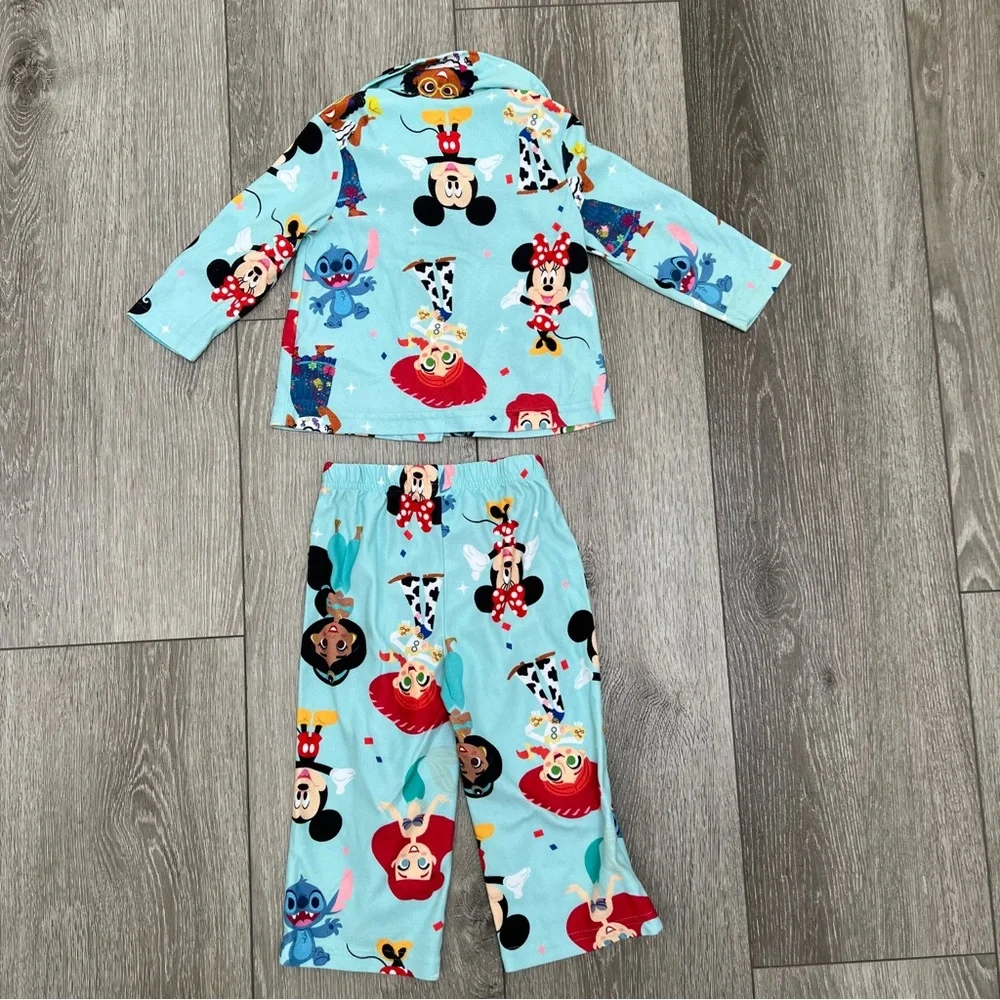 DISNEY 100 2PC LONG SLEEVE BUTTON UP AND PANTS PAJAMA SET BLUE 2T